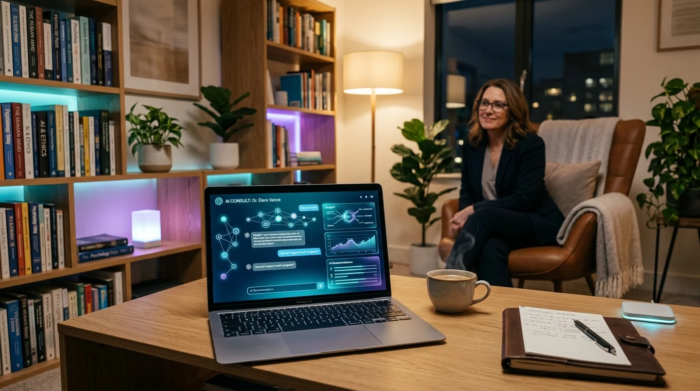 Studio moderno di psicologia con laptop aperto su interfaccia AI e psicologa professionista