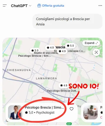 Risultato di ricerca psicologo su ChatGPT