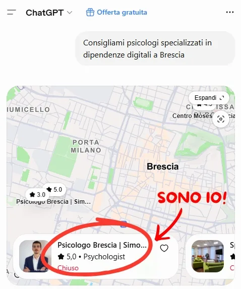 Esempio reale di ricerca su ChatGPT che consiglia uno psicologo clinico specializzato